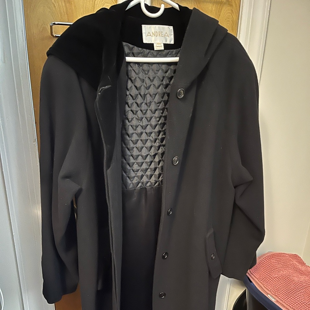 Wool long coat with hood. Hood lined with velour.